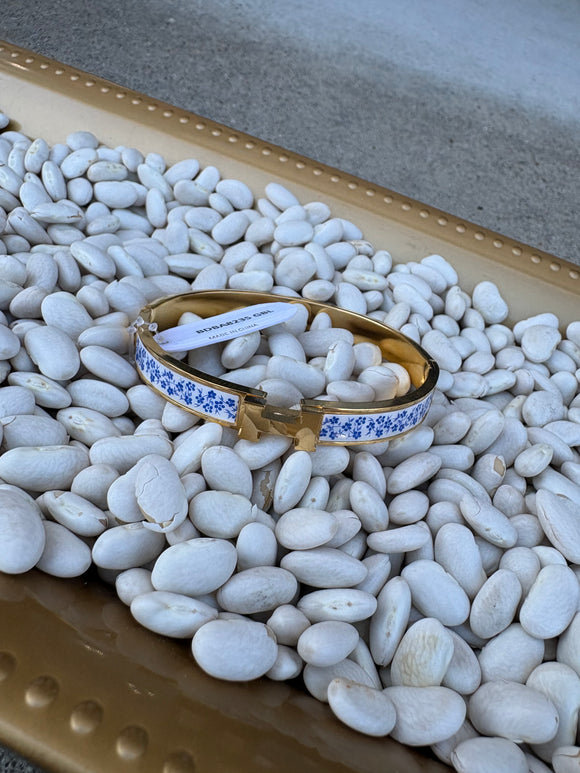 H Stainless Steel Hinged Bangle with Blue and White Details Bracelet