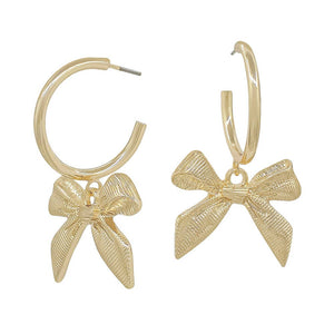 Gold Thin 1.5" Hoop with Bow Ribbon Drop Earring