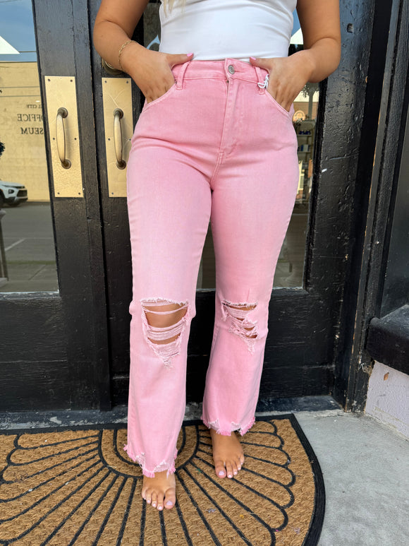 Pink distressed cropped jean