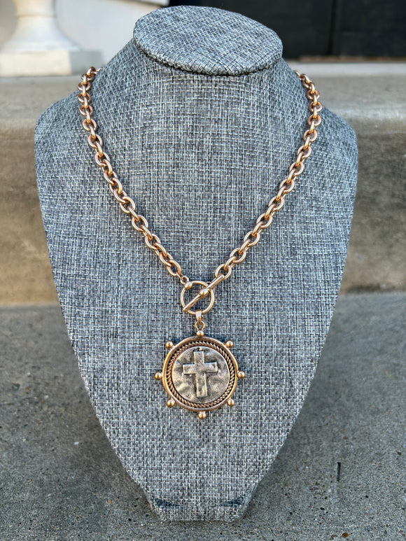 Worn gold chain with stamped cross coin charm 16”-18” necklace