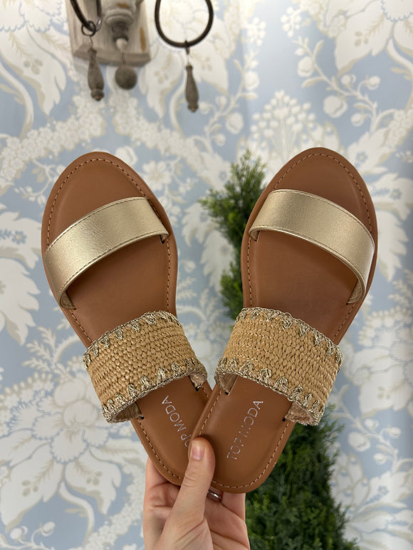 Gold & woven double strap sandal