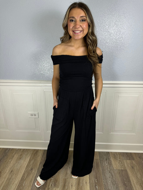 Black off the shoulder linen jumpsuit