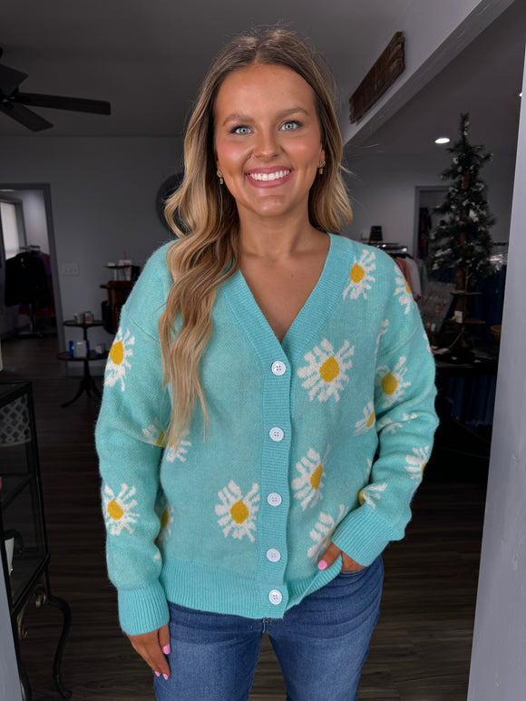Teal button front daisy sweater
