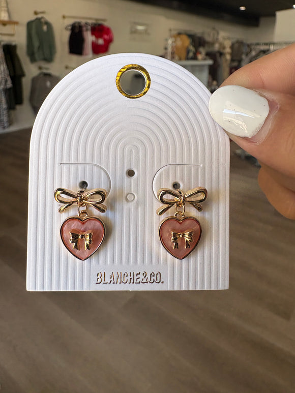 Gold Bow Stud Earrings with Pink Mother of Pearl Heart .75”