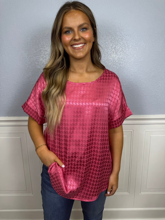 Rose houndstooth silk top