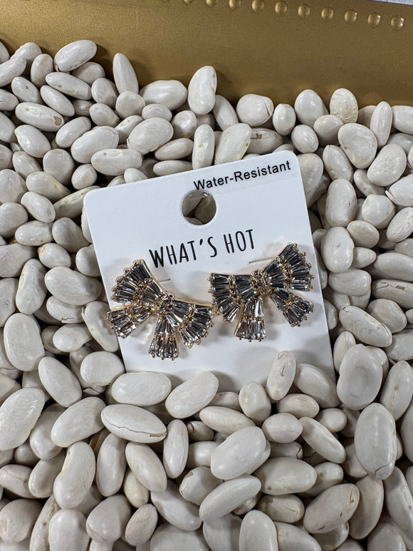 Water Resistant Rectangle Crystal on Gold Bow .75” Stud Earrings