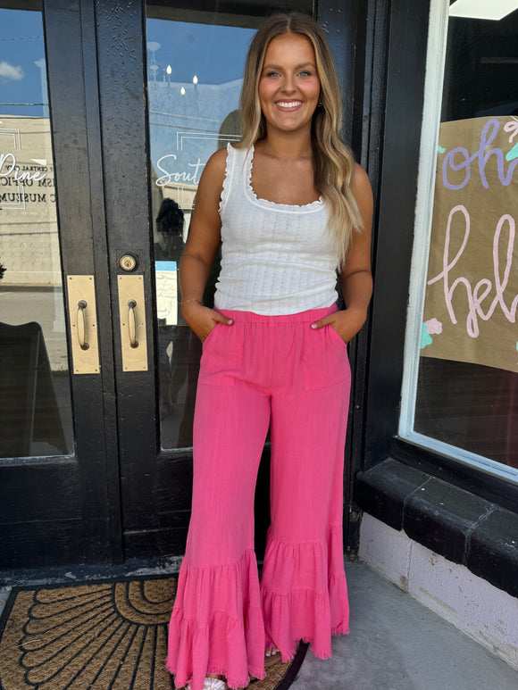 Pink linen tiered pants
