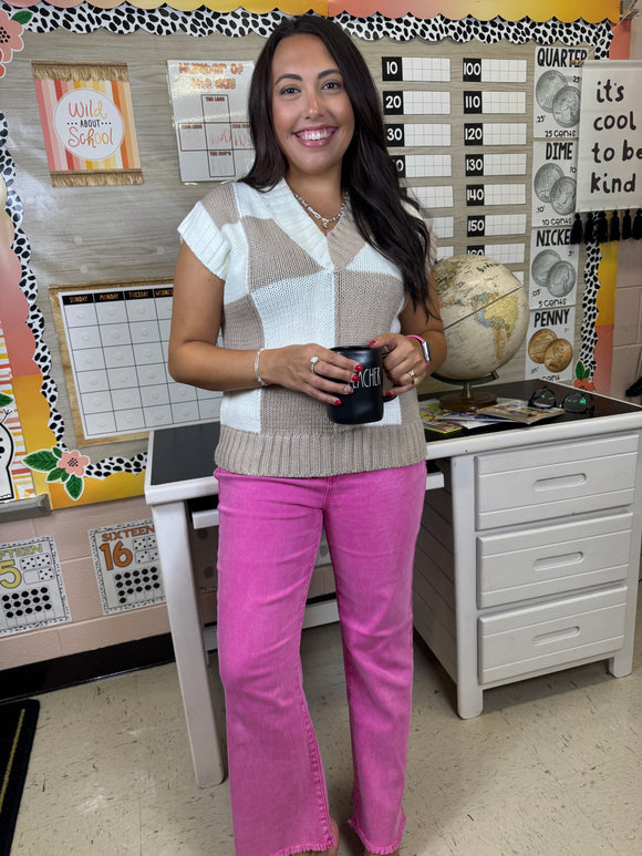Taupe & white checkered sweater vest
