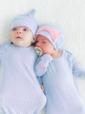 SoftSnooze™ Baby Bamboo Viscose Periwinkle & White Micro Stripe Knotted Sleep Gown & Hat Set: Blue / Newborn-3m