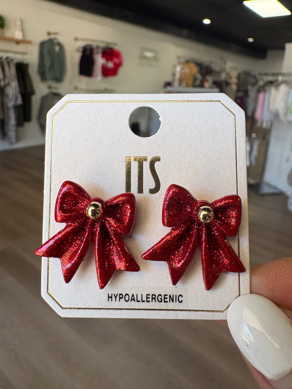 Red Glitter Bow 1” Bow Stud Earrings