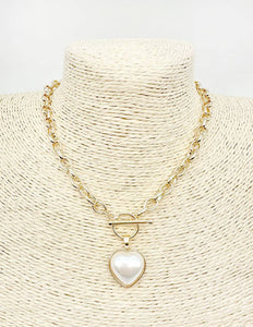 Gold Open Chain with Toggle and Pearl Heart 18" Necklace