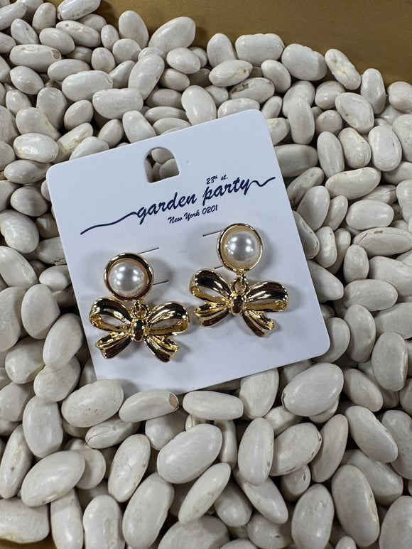 Pearl Stud with Gold Bow .75” Drop Earrings