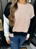 Black, taupe, and white color block sweater