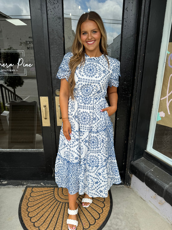 Blue & white embroidered pattern dress