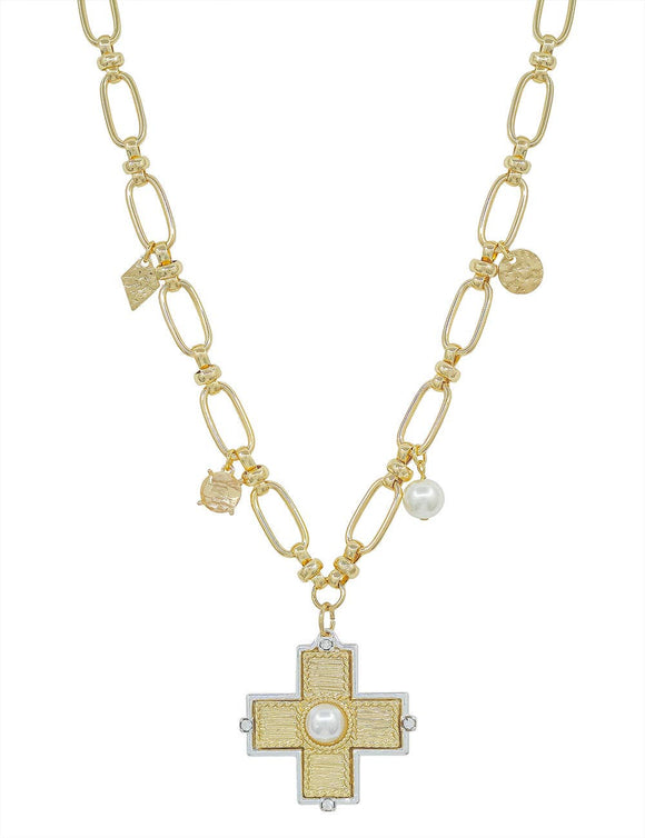 Gold Open Chain with Textured Cross with Pearl Charm 16