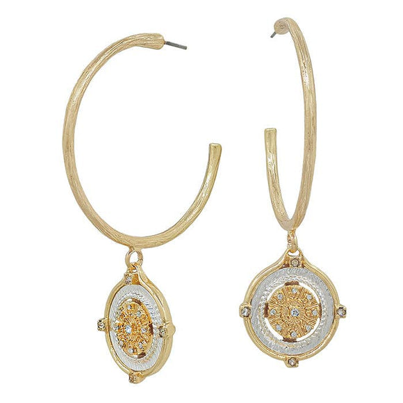 Gold Thin Hoop with Two Tone Coin Charm 2.25