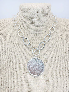 Open Silver Chain with Hammered Coin Charm 16"-18" Necklace