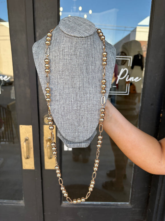 Water resistant gold beaded 10MM beaded and open oval 34” necklace