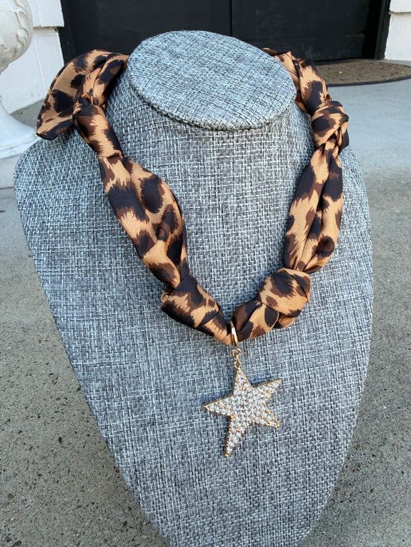 Leopard Print Scarf Necklace with Star Charm
