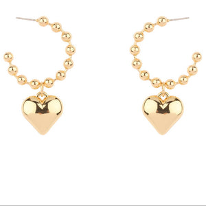 Gold 4MM Beaded Hoop with Puffy Heart 1" Hoop