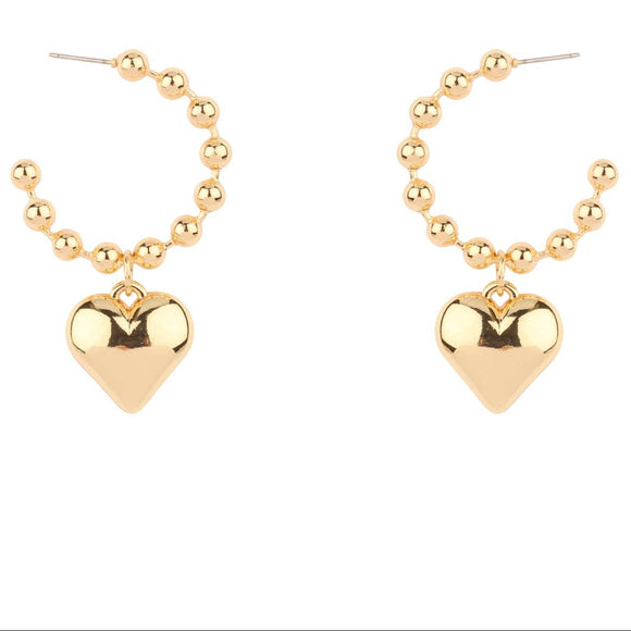 Gold 4MM Beaded Hoop with Puffy Heart 1