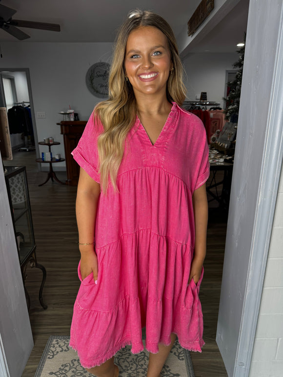 Fuchsia mineral wash tiered dress