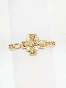Gold Stretch Chain with Hammered Cross and Pearl Bracelets