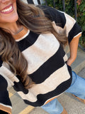 Black striped sweater taupe trimmed
