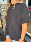 Black ribbed short sleeve pocket top
