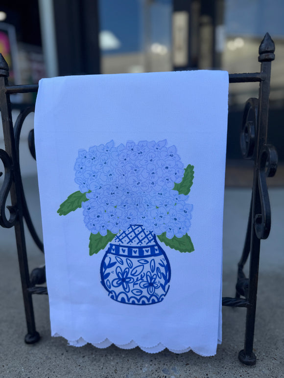 Blue hydrangea scalloped tea towel