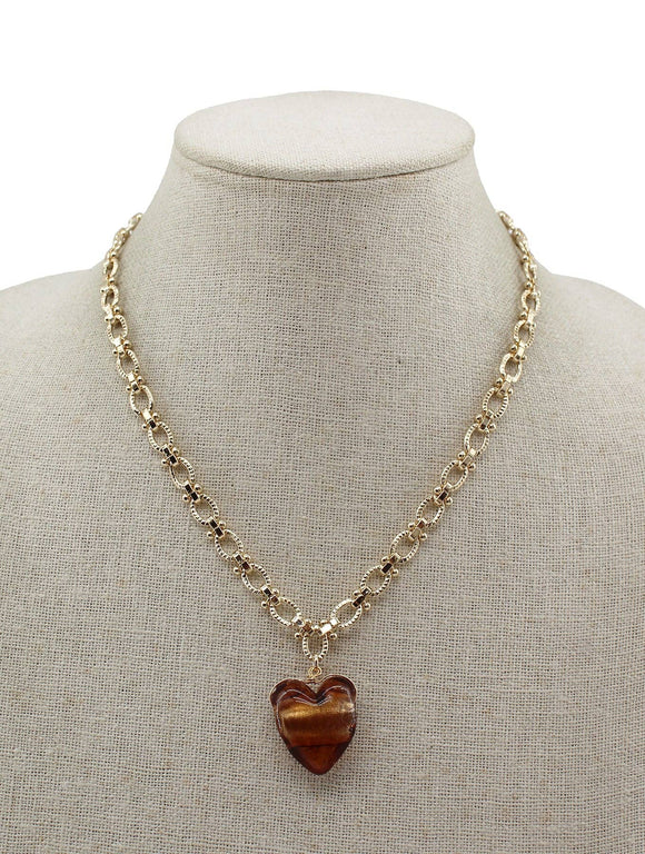 Gold Chain Necklace with Brown Acrylic Heart Charm 16