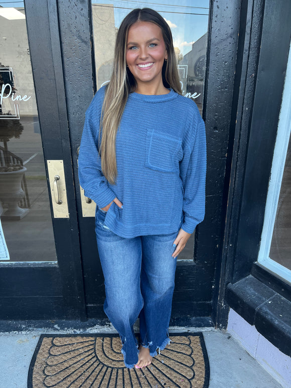 Dusty blue waffle knit pocket top