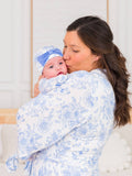 SoftSnooze™ Baby Girls Bamboo Viscose Periwinkle Butterfly Garden Ruffle Knotted Sleep Gown & Bow Hat Set: Blue / Newborn-3m