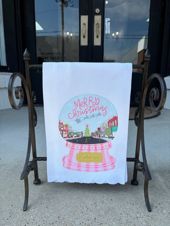 Central city Pink Snow Globe Scalloped Tea Towel