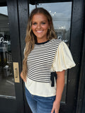 Cream & black striped multi textured top