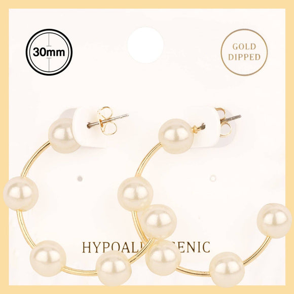 Gold Dipped Thin Hoop with Pearl Beaded Accents 1.25