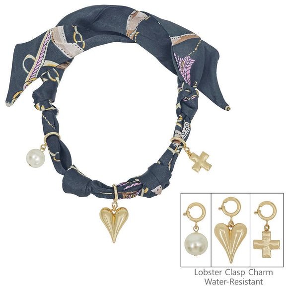 Black Knotted Scarf Necklace with Puffy Heart,Open Cross, and Bow Charm,  VERY POPULAR!