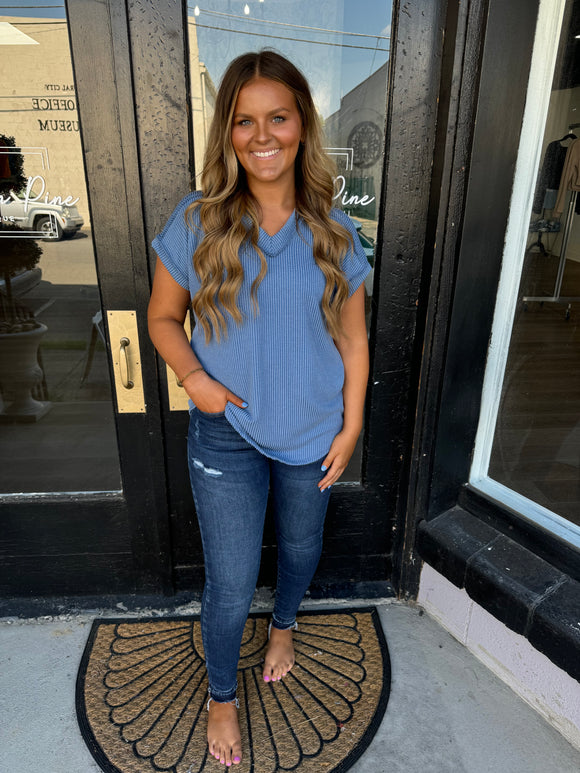 Denim ribbed v neck top