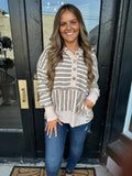 Striped button front hooded top