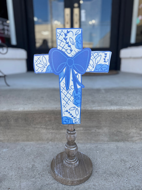 Blue bow cross topper
