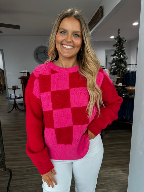 Pink & red heart checkered sweater