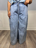 Chambray tiered denim washed pants