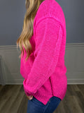 Exposed seam round neck sweater- hot pink