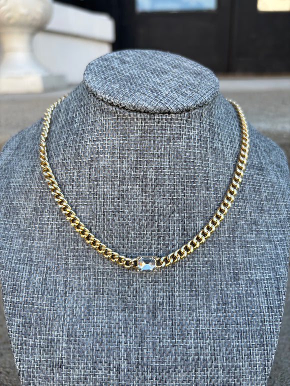Gold tight link chain with clear square crystal 16”-18” necklace