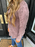 Mahogany acid wash ribbed sleeve top