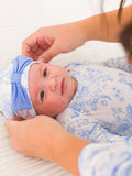 SoftSnooze™ Baby Girls Bamboo Viscose Periwinkle Butterfly Garden Ruffle Knotted Sleep Gown & Bow Hat Set: Blue / Newborn-3m