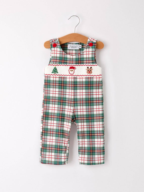 Christmas Jonjon Plaid Smocking Embroidered Boys Romper: 3M