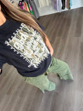 Army green acid wash flared pants