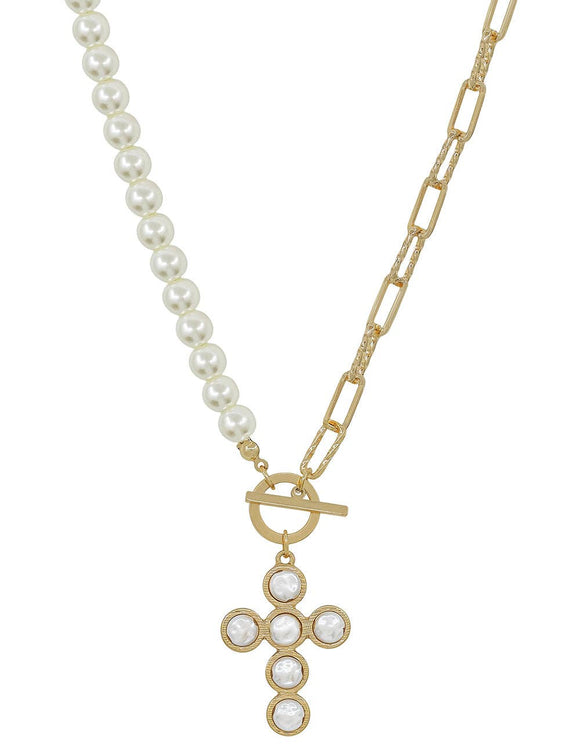 Gold Chain and Pearl Chain with Pearl Cross 16