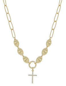 Gold Chain with Hammered Circles and Rhinestone Cross 16"-18" Necklace